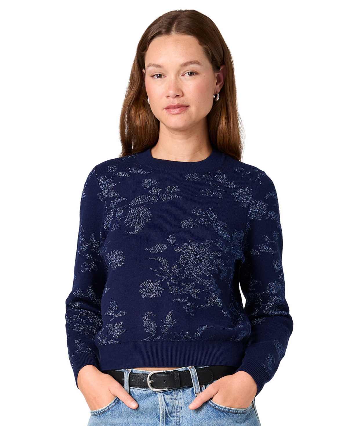 French Connection Women's Rory Fleur Long-Sleeve Floral-Print Metallic Pullover