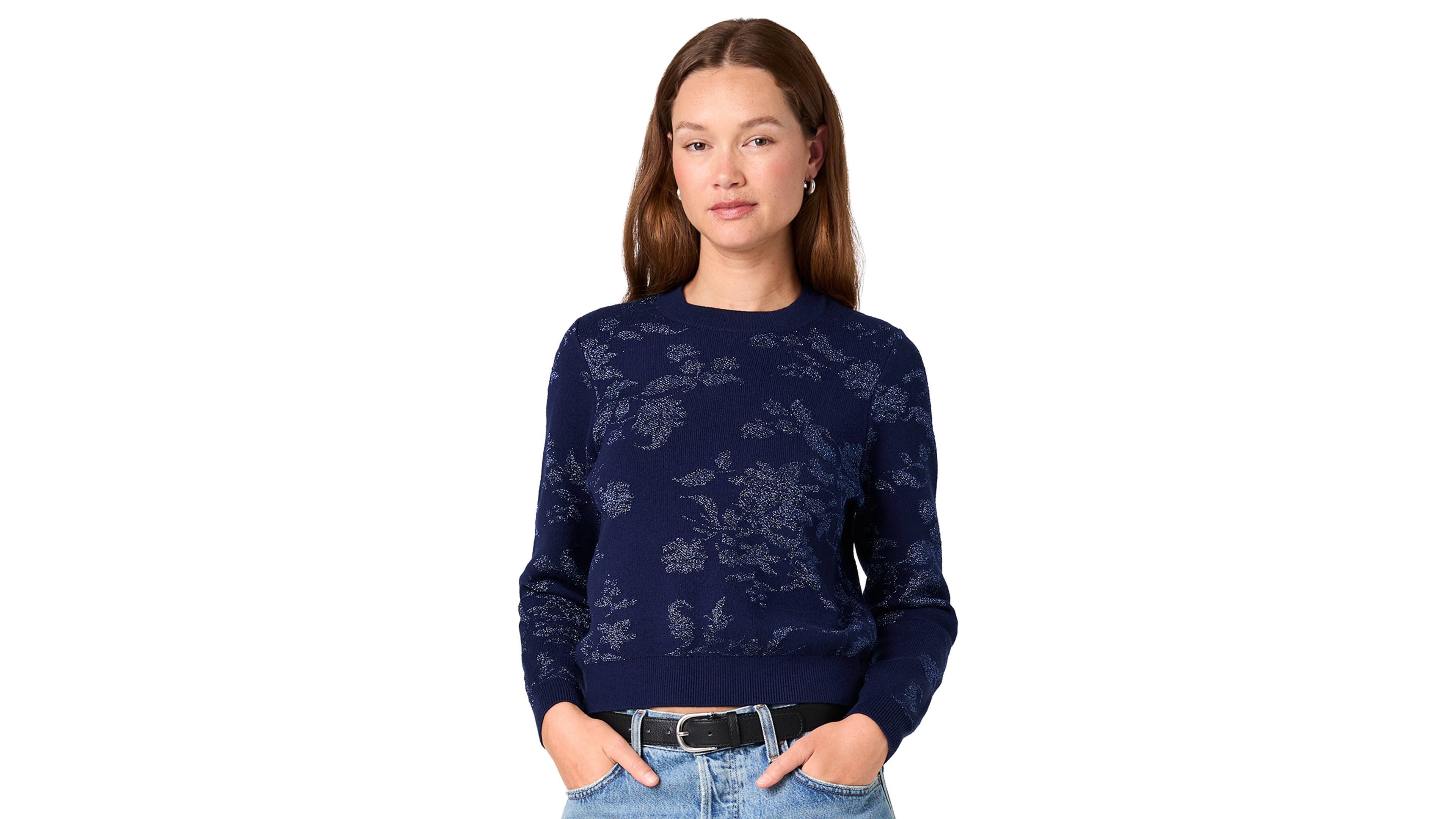 French Connection Women's Rory Fleur Long-Sleeve Floral-Print Metallic Pullover