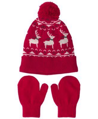 Toddler Boys' and Girls' 2T-4T Fair Isle Christmas Pom-Pom Beanie and Mittens, 2-Piece Set