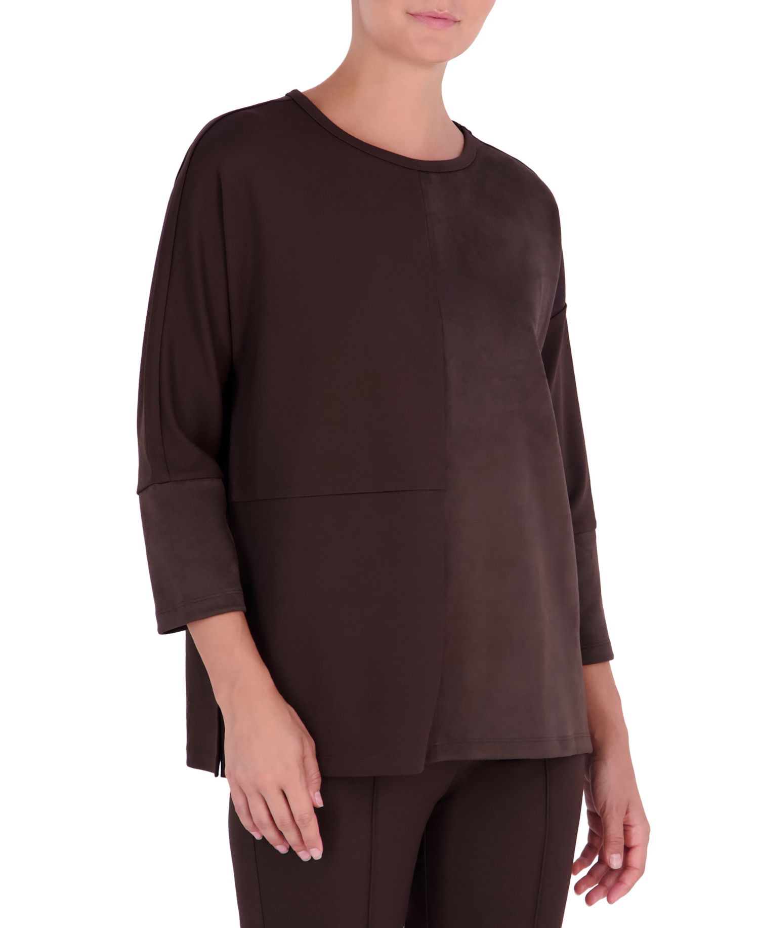 Petite Serenity 3/4-Sleeve Side-Slit Faux Suede Tunic