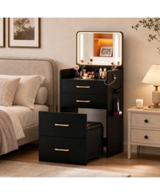 Mini Dressing Table Vanity Set 3 in 1 Integrated Makeup Desk with Flip Top LED Mirror and Storage Chair for Bedroom Apartment Dormitory