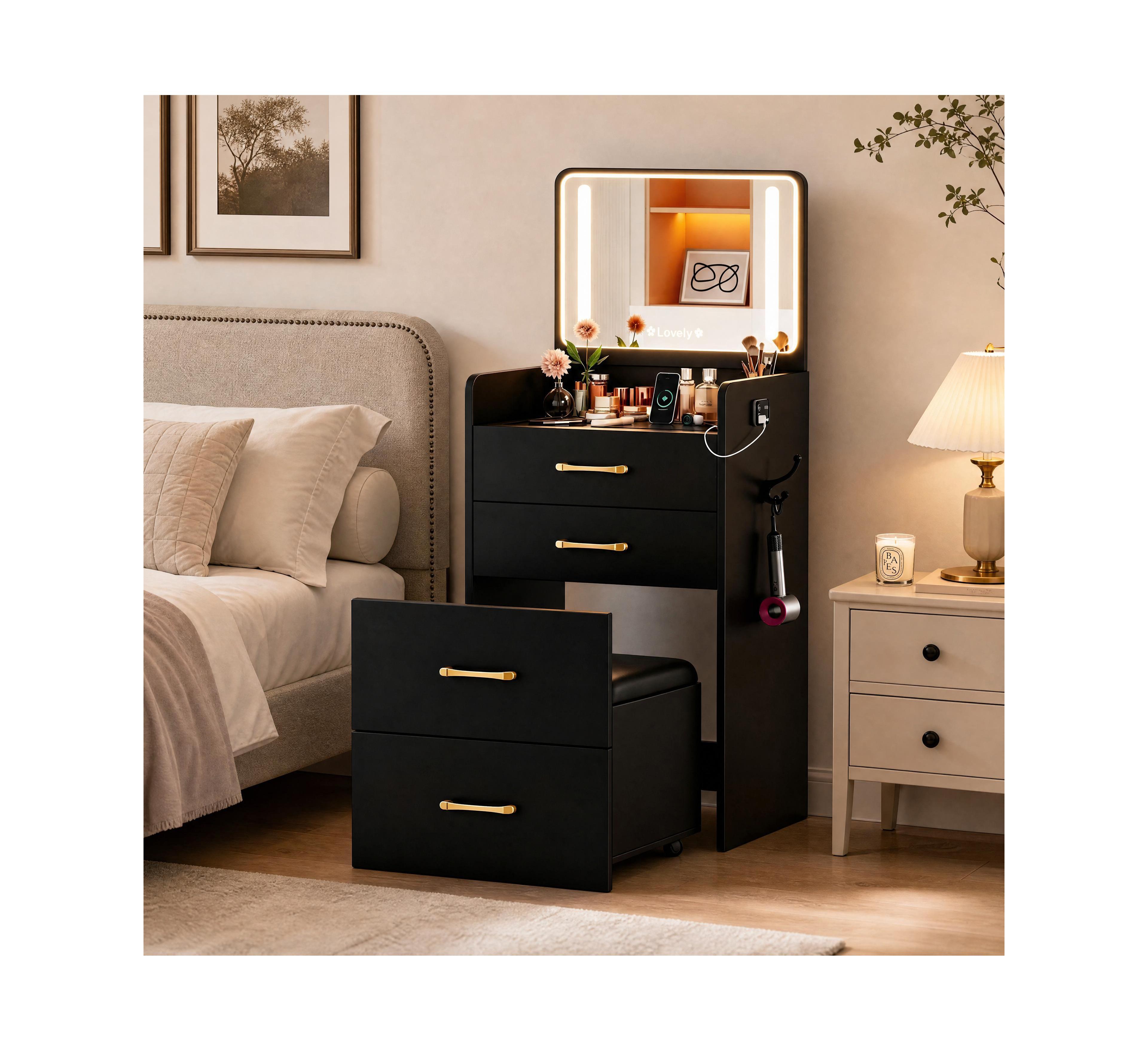 homfan Mini Dressing Table Vanity Set 3 1 Integrated Makeup Desk with Flip Top Led Mirror and Storage Chair for Bedroom Apartment Dormitory