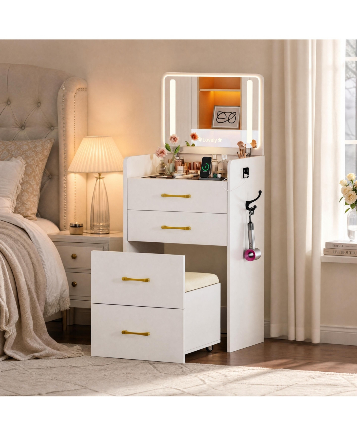homfan Mini Dressing Table Vanity Set 3 in 1 Integrated Makeup Desk with Flip Top Led Mirror and Storage Chair for Bedroom Apartment Dormitory - White
