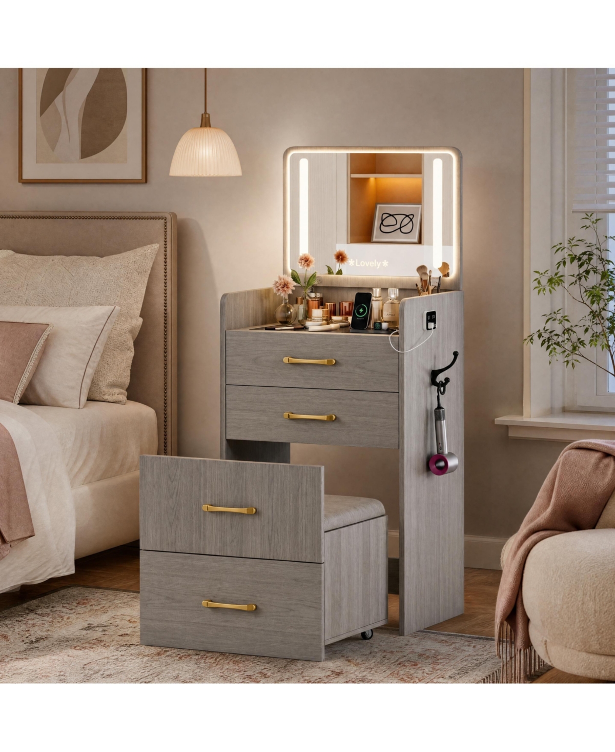 homfan Mini Dressing Table Vanity Set 3 1 Integrated Makeup Desk with Flip Top Led Mirror and Storage Chair for Bedroom Apartment Dormitory