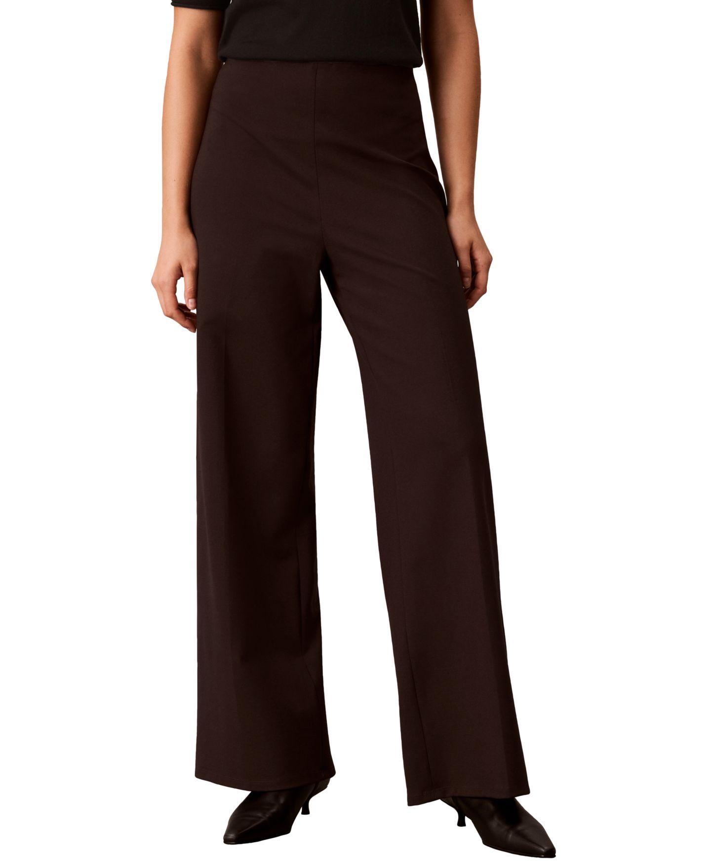 Женские брюки Calvin Klein Petite Hollywood Waist High-Waisted Wide-Leg Pull-On, цвет: Тёмный кофейный — фото 3