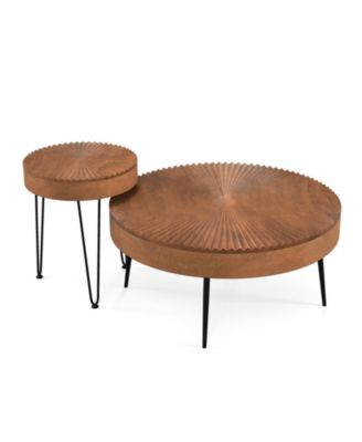 Set of 2 Boho Round Coffee Table with Solid Pine Wood Top and Metal Legs