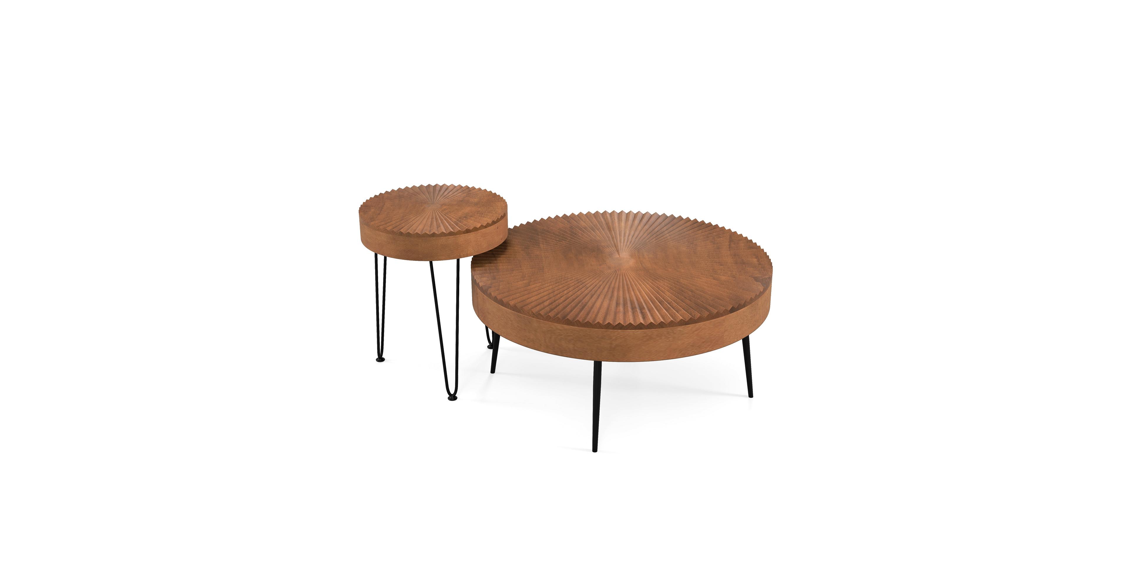 Mecale Set of 2 Boho Round Coffee Table with Solid Pine Wood Top and Metal Legs