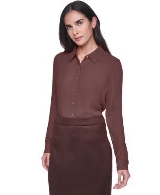 Women's Long-Sleeve Button-Front Pleated-Sleeve Blouse