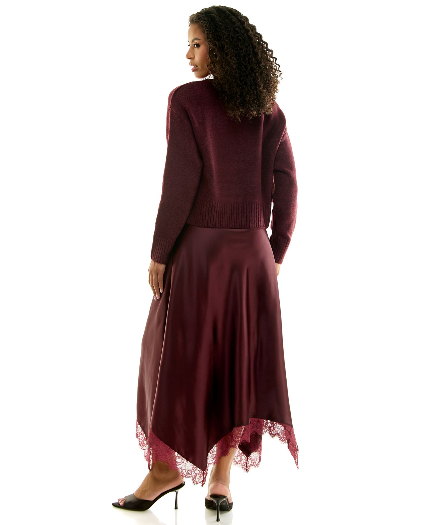 INVITEE Juniors' Crewneck Lace-Trim Long-Sleeve Sweater and Satin Maxi Slip Dress, 2-Piece Set, цвет: Винный — фото 6