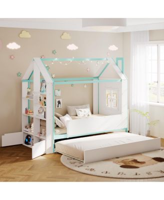 Twin House Bed Frame with Trundle, Storage and LED Lights