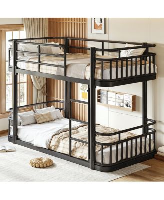 Twin over Twin Metal Bunk Bed with Ladders and Guardrails