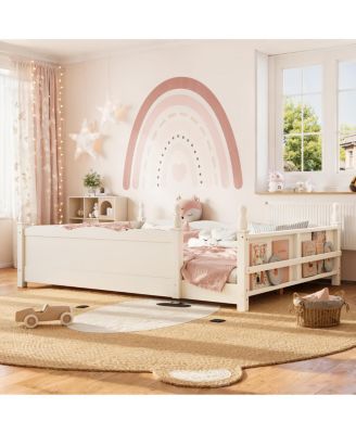  Queen Kids Montessori Floor Bed with Guardrails and Bookshelf