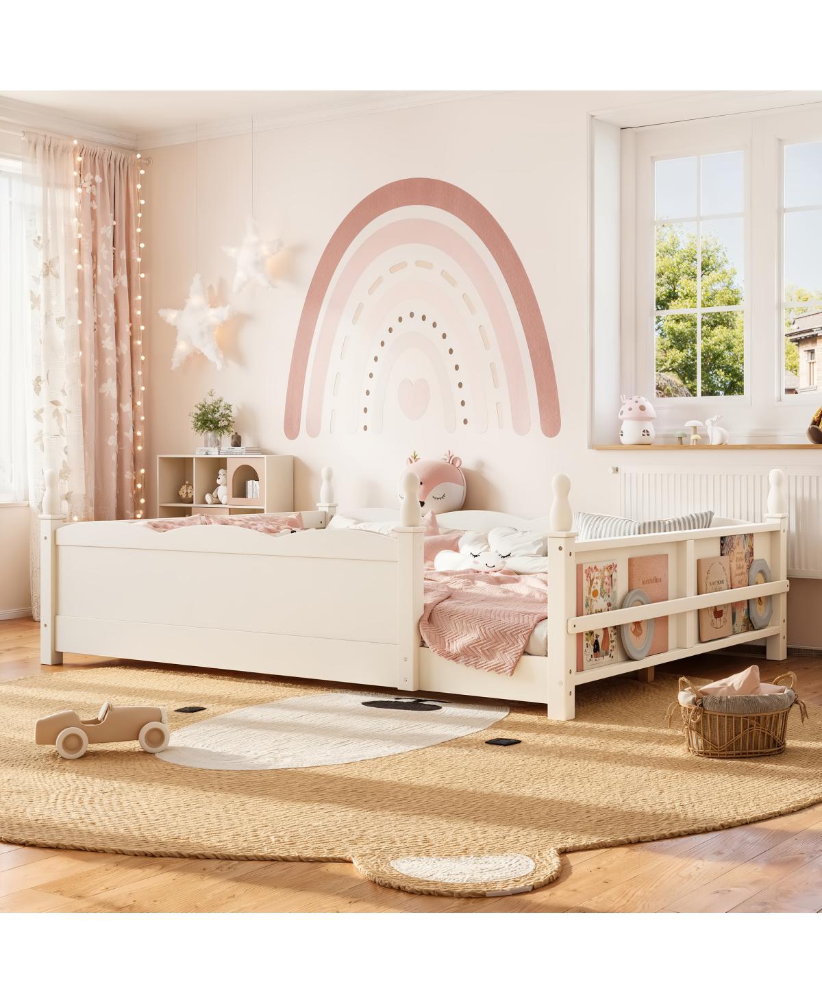 Streamdale Furniture Queen Kids Montessori Floor Bed with Guardrails and Bookshelf