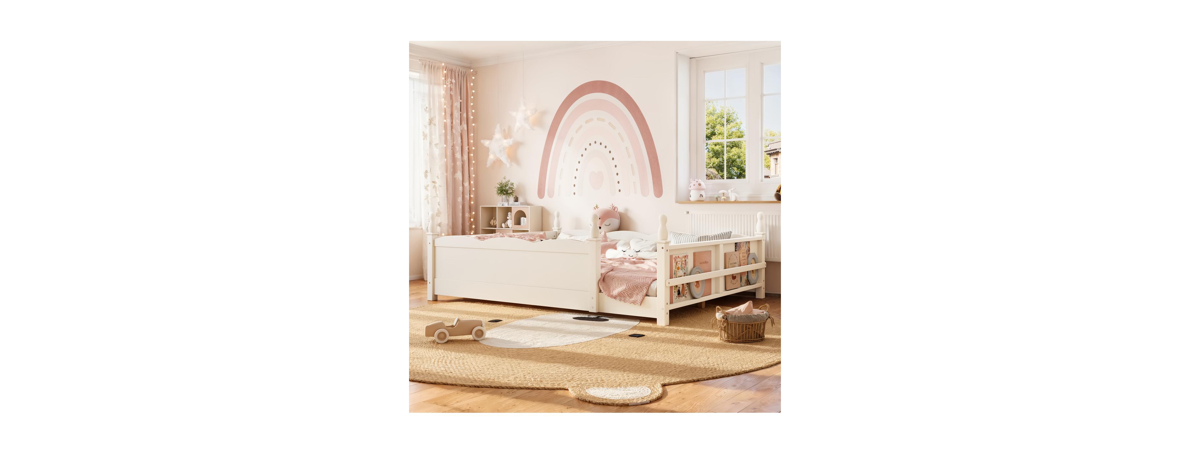 Streamdale Furniture Queen Kids Montessori Floor Bed with Guardrails and Bookshelf