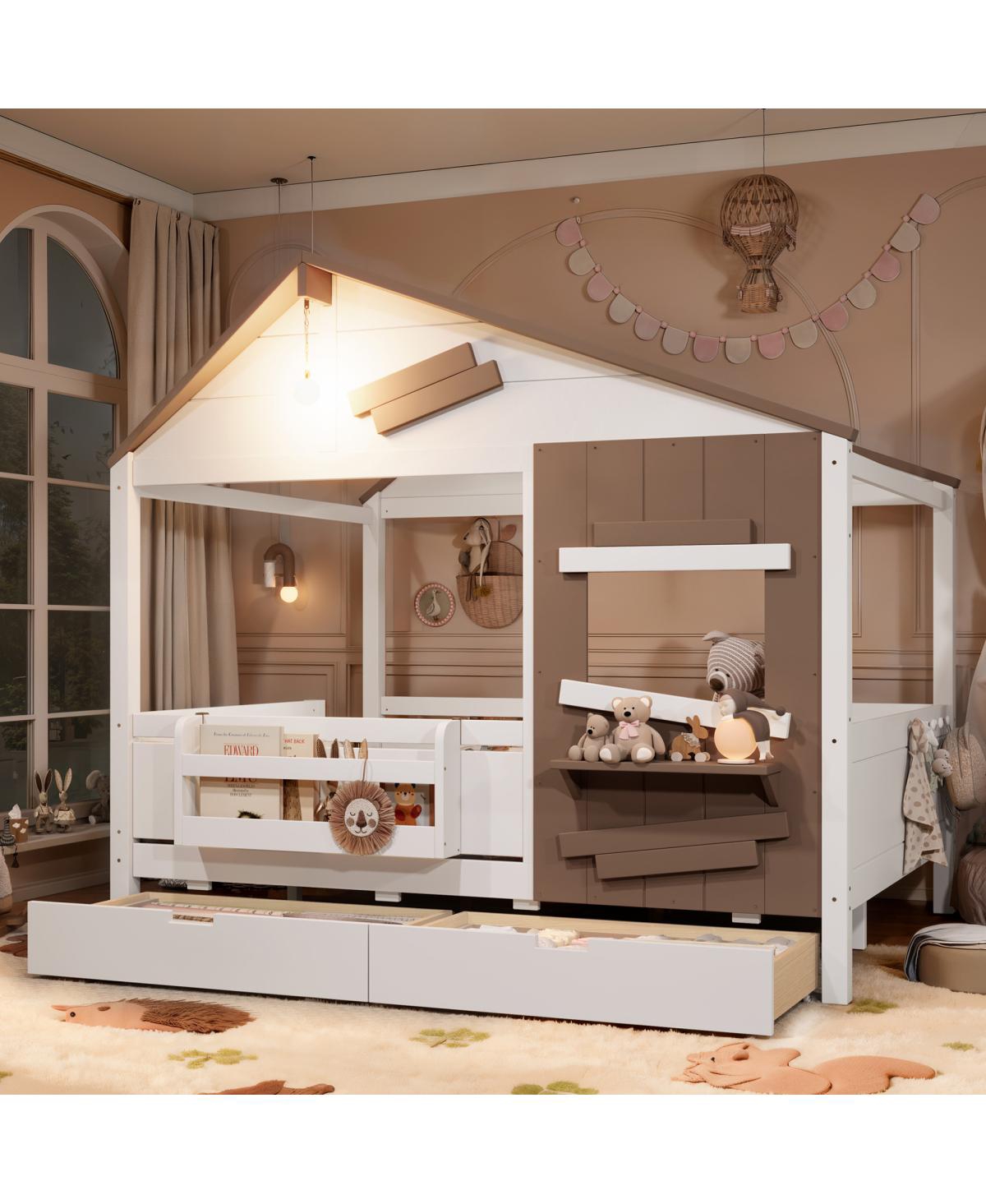 Streamdale Furniture Full Size Farmhouse House Bed with Storage Drawers and Led