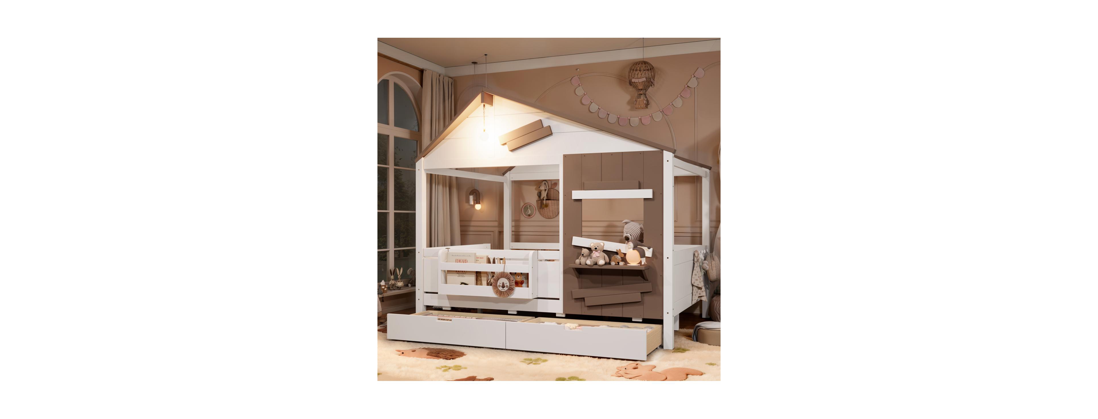 Streamdale Furniture Full Size Farmhouse House Bed with Storage Drawers and Led