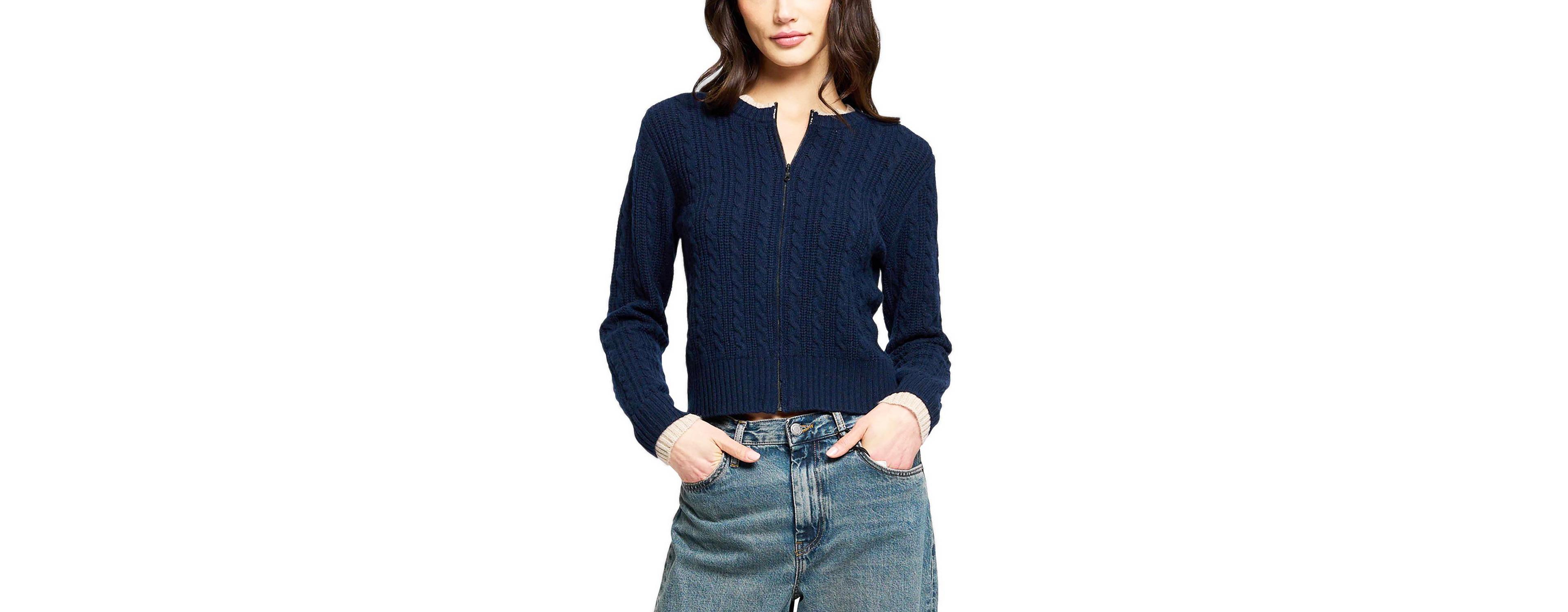 Central Park West Women's Thea Cable-Knit Zip-Front V-Neck Cardigan