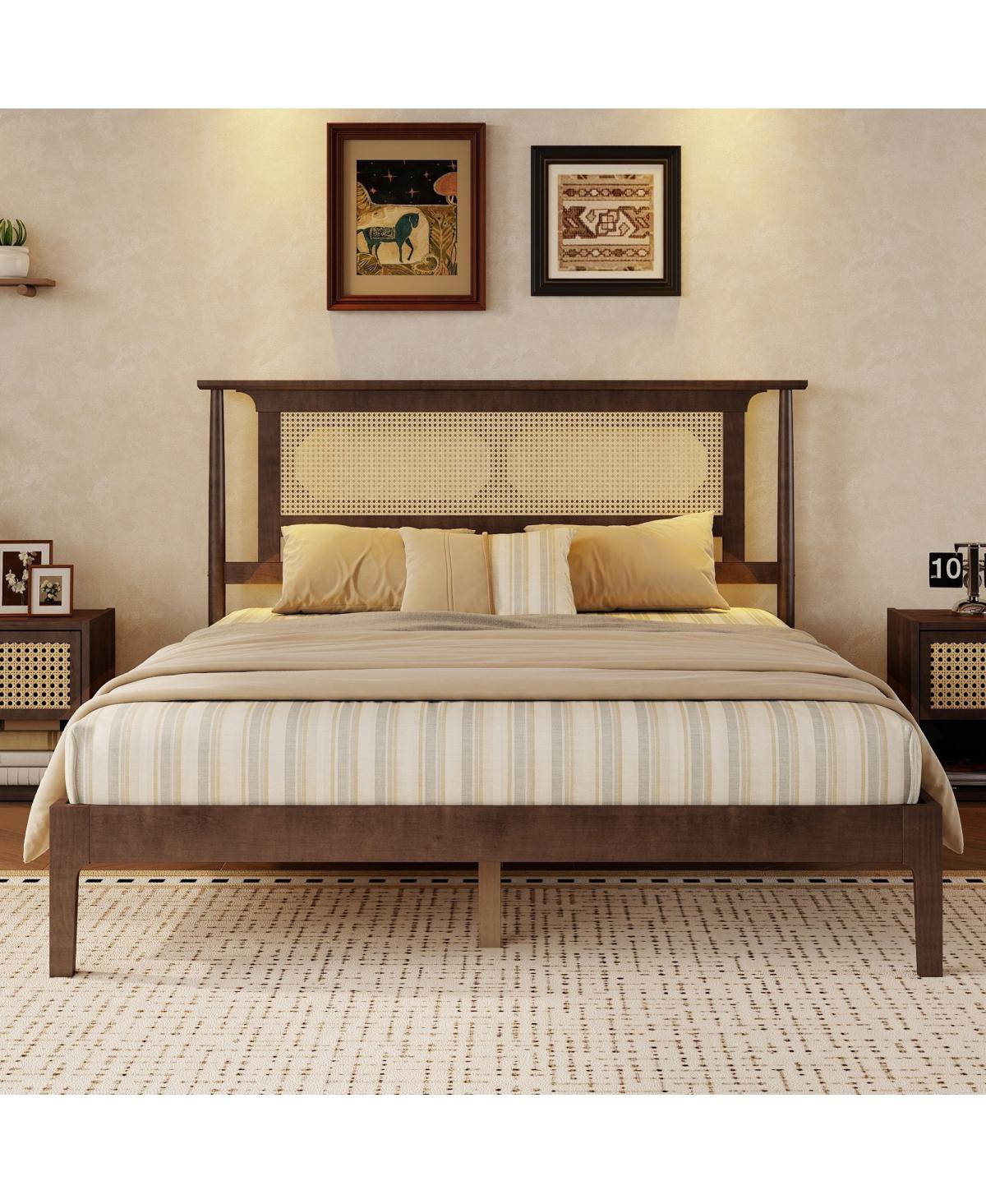 Streamdale Furniture Streamdale Queen Walnut Solid Wood Bed with Rattan Headboard