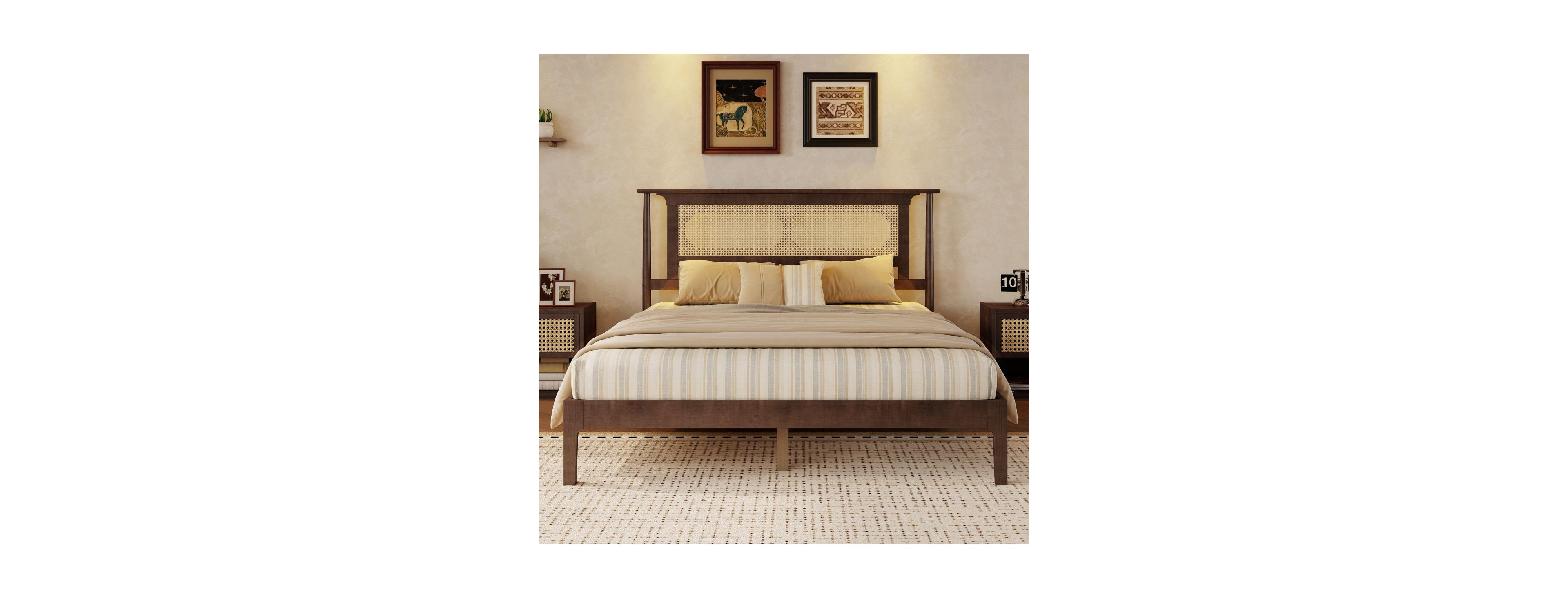 Streamdale Furniture Streamdale Queen Walnut Solid Wood Bed with Rattan Headboard