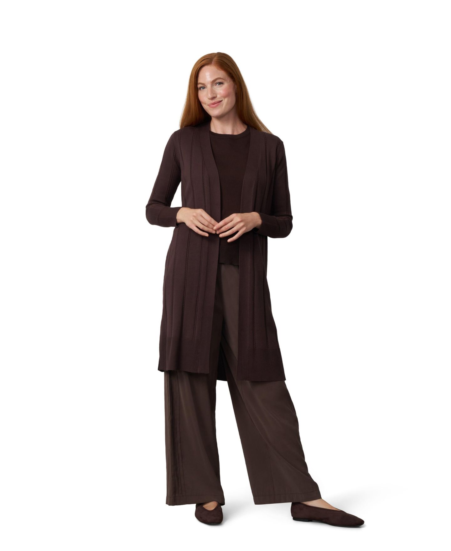 Женский кардиган Cable & Gauge Cable-Knit Longline Open-Front Duster, цвет: Шоколадный — фото 1