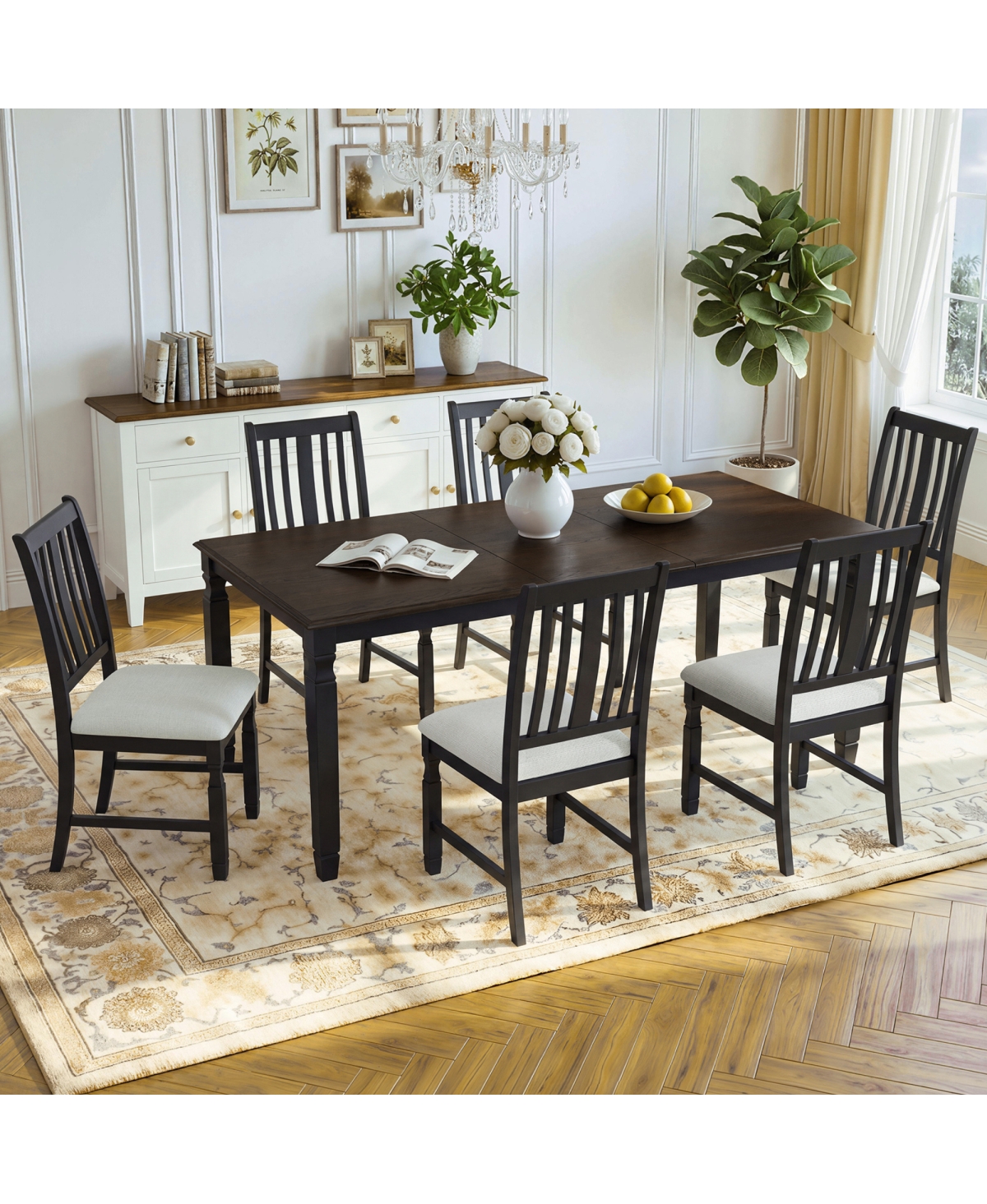 Streamdale Furniture 7-Piece Farmhouse Extendable Dining Table Set with 6 Upholstered Chairs