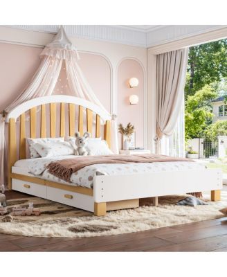 Twin Wood Platform Bed with Storage Drawer and Round Headboard