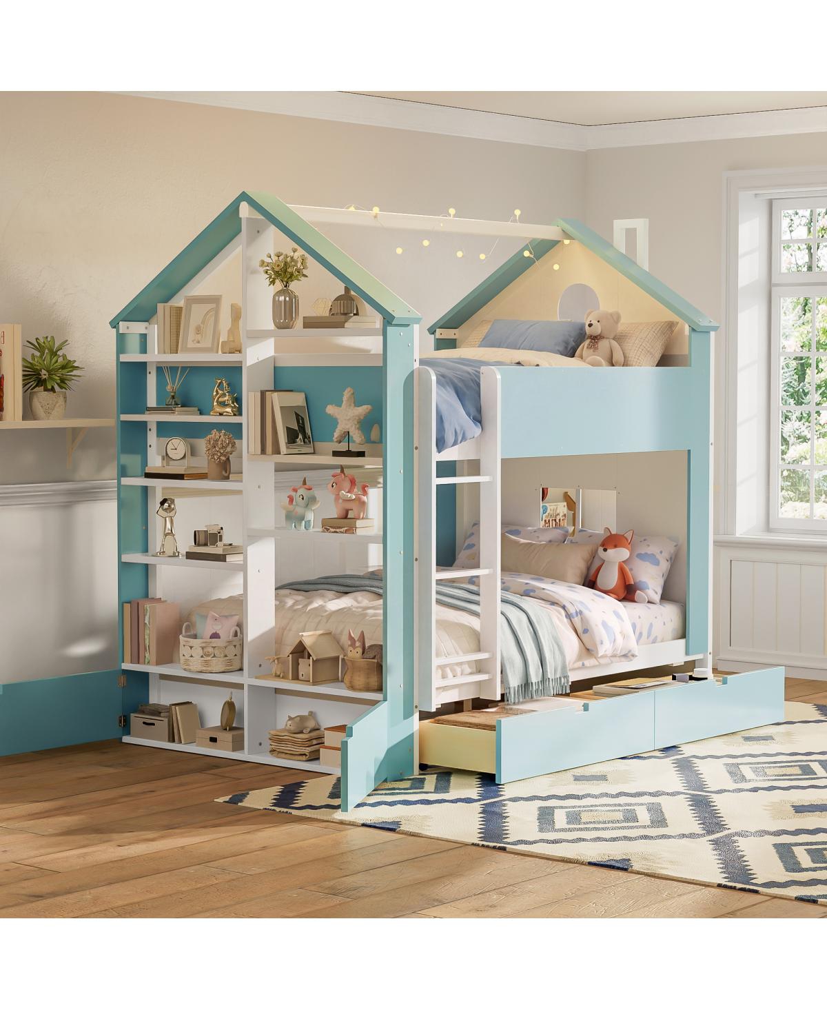 Streamdale Furniture Full Size Wood Bunk Bed with Storage, Shelves and Light Strip
