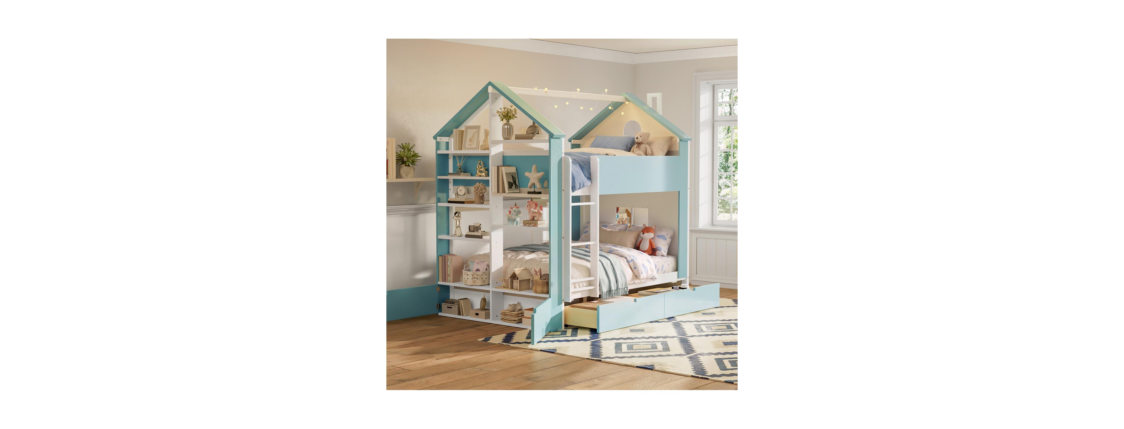 Streamdale Furniture Full Size Wood Bunk Bed with Storage, Shelves and Light Strip