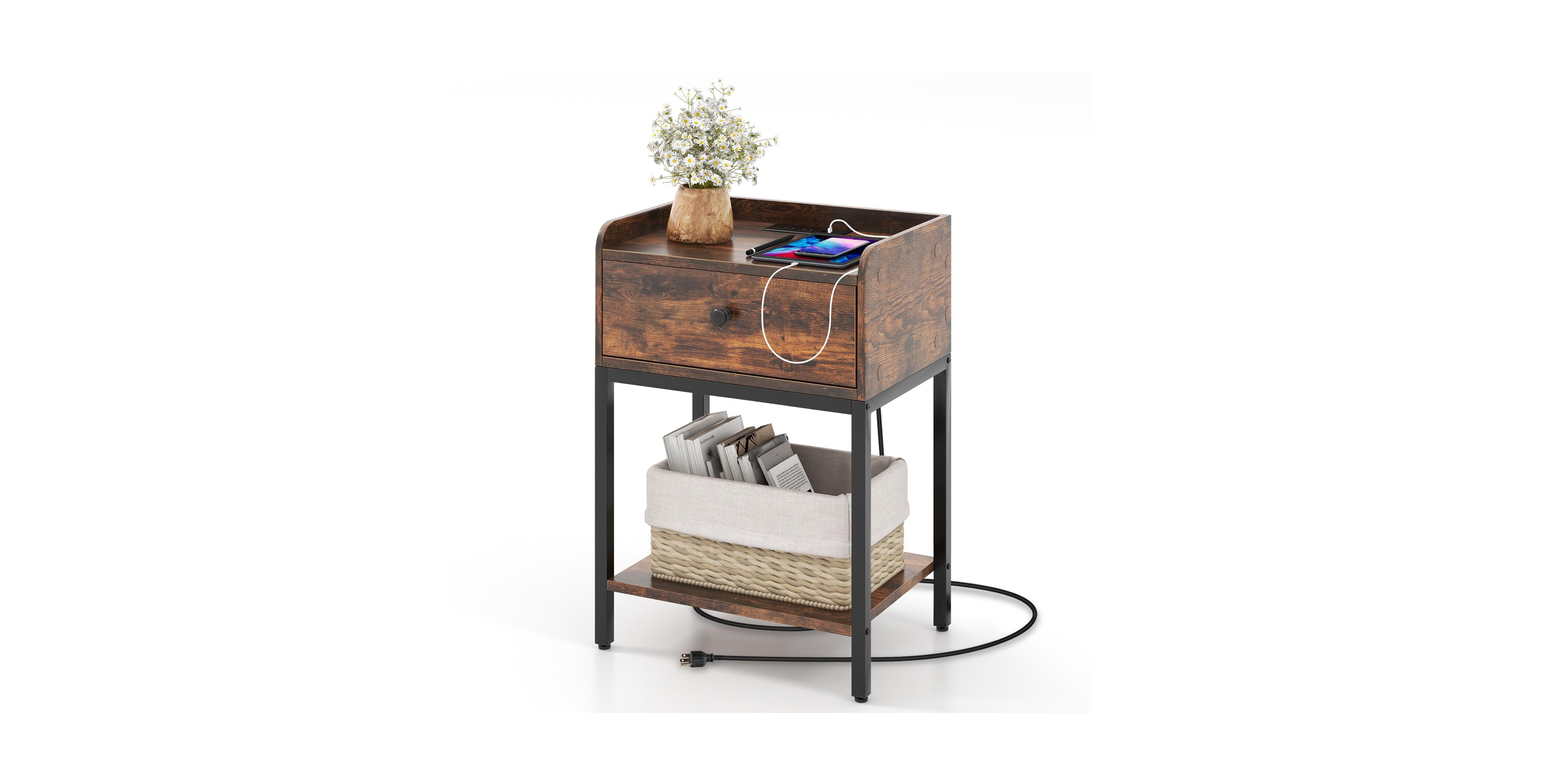 Mecale Industrial Bedside Table Nightstand with Charging Station