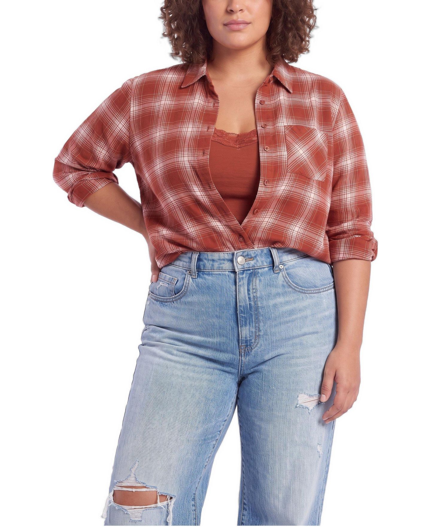 Женская рубашка Torrid Plus Size Lizzie Slim-Fit Plaid Button-Up, цвет: Клетчатый кирпичный — фото 2