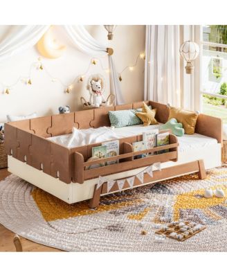 Twin Montessori Floor Bed with Guardrails and Bookshelves