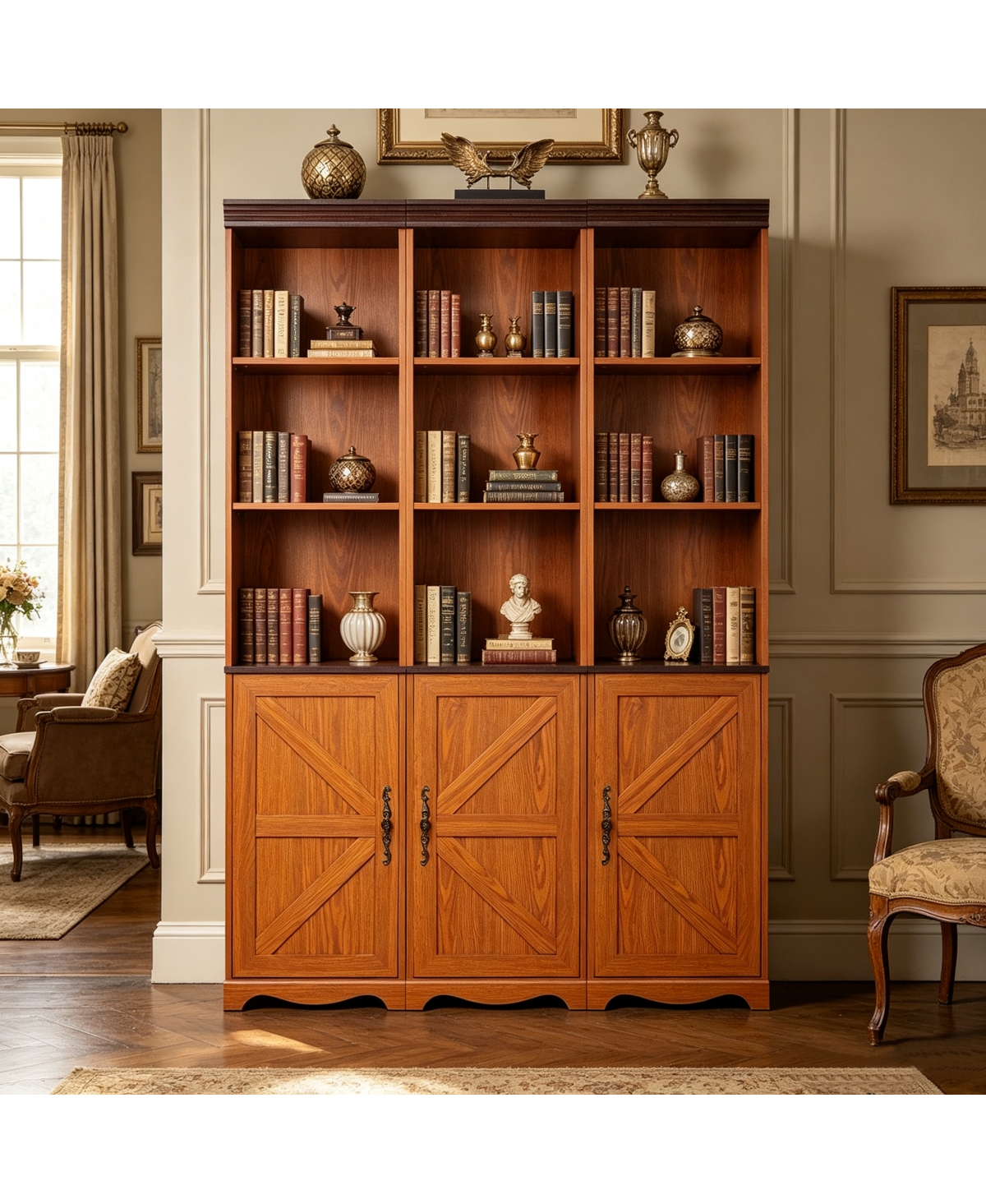 Streamdale Furniture Farmhouse 3-in-1 Combined Storage Cabinet and Bookshelf with Adjustable Shelves - Dark oak