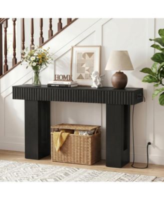 47" Entryway Table with 2 Drawers and Outlets, Fluted Design Console Table