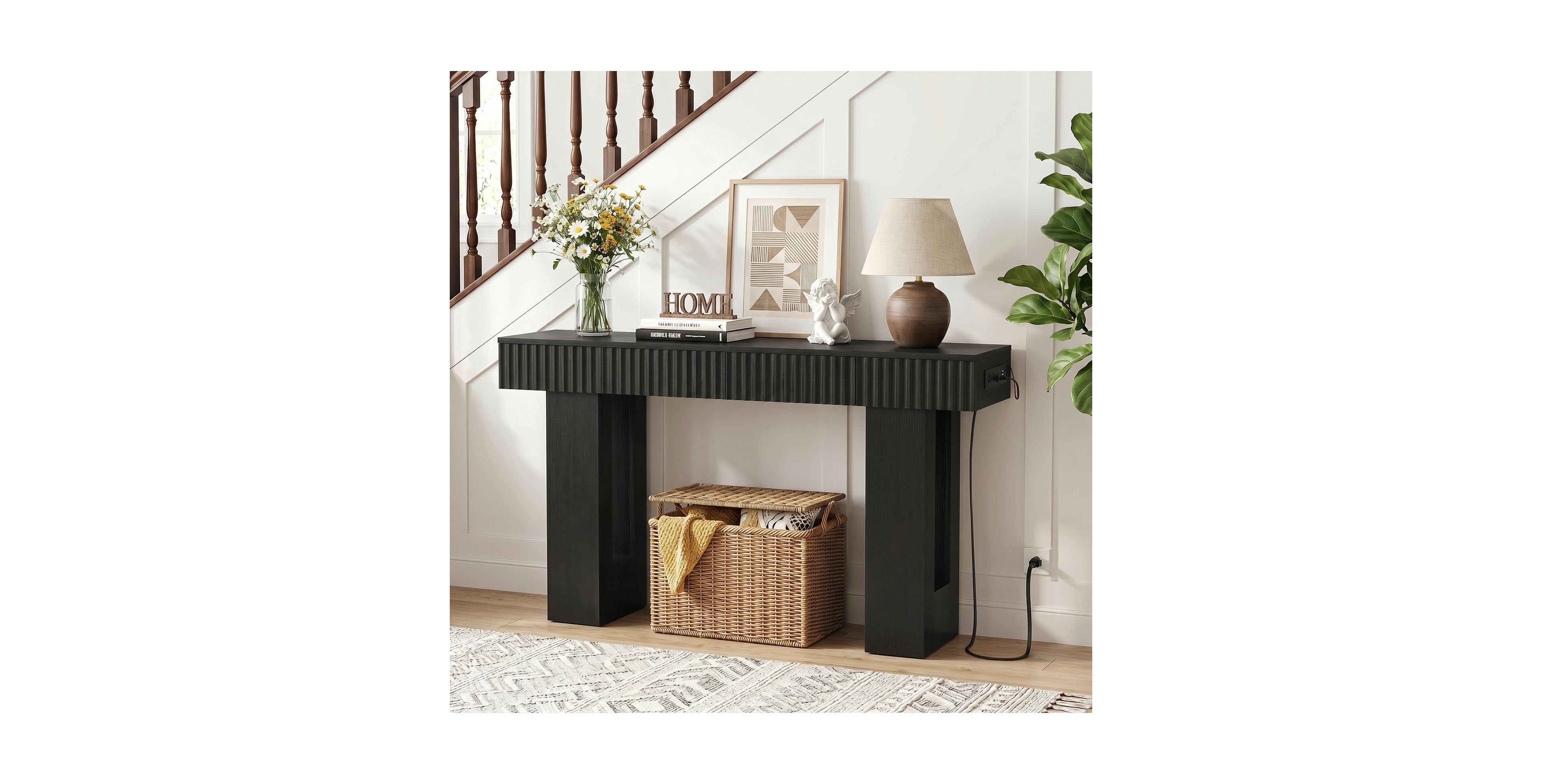 Aheaplus 47" Entryway Table with 2 Drawers and Outlets, Fluted Design Console