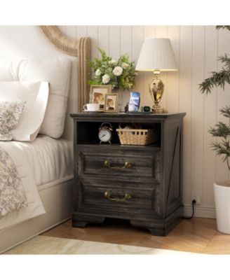 Farmhouse Nightstand with 2-Large Drawers and Charging Station
