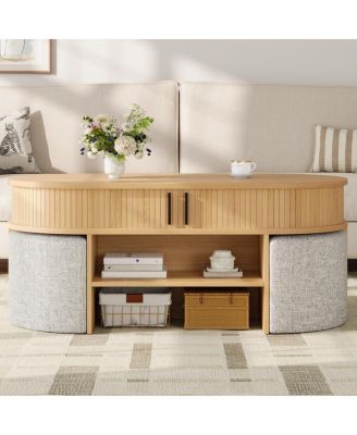 Multi-Functional Oval Coffee Table with Storage and 4 Fabric Stools