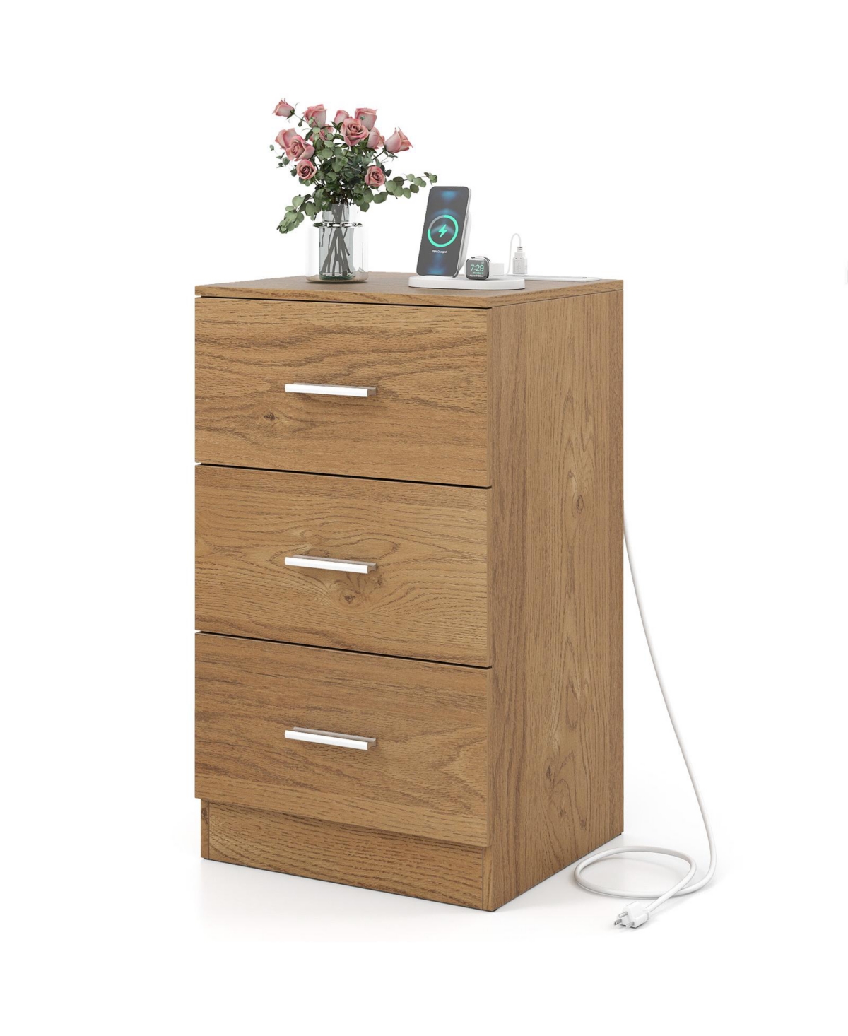 Mecale Nightstand with Charging Station End Table with 3 Storage Drawers Bedside Table for Bedroom