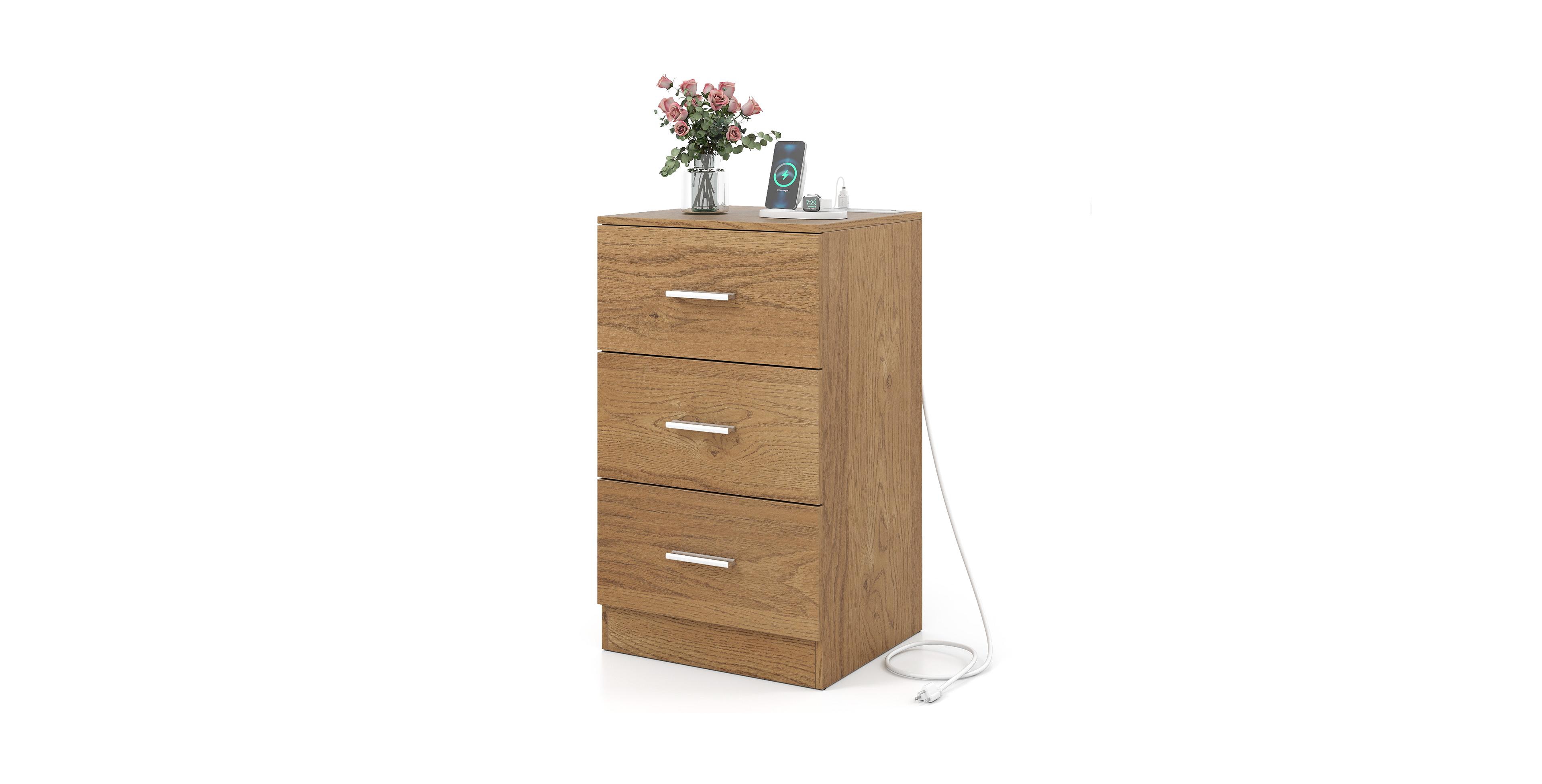 Mecale Nightstand with Charging Station End Table with 3 Storage Drawers Bedside Table for Bedroom
