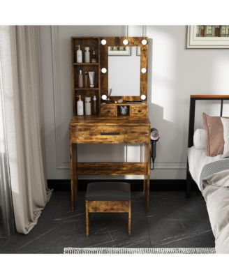Vintage Compact LED Vanity Table Set, Power Outlet, Hairdryer Holder and Upholstered Stool