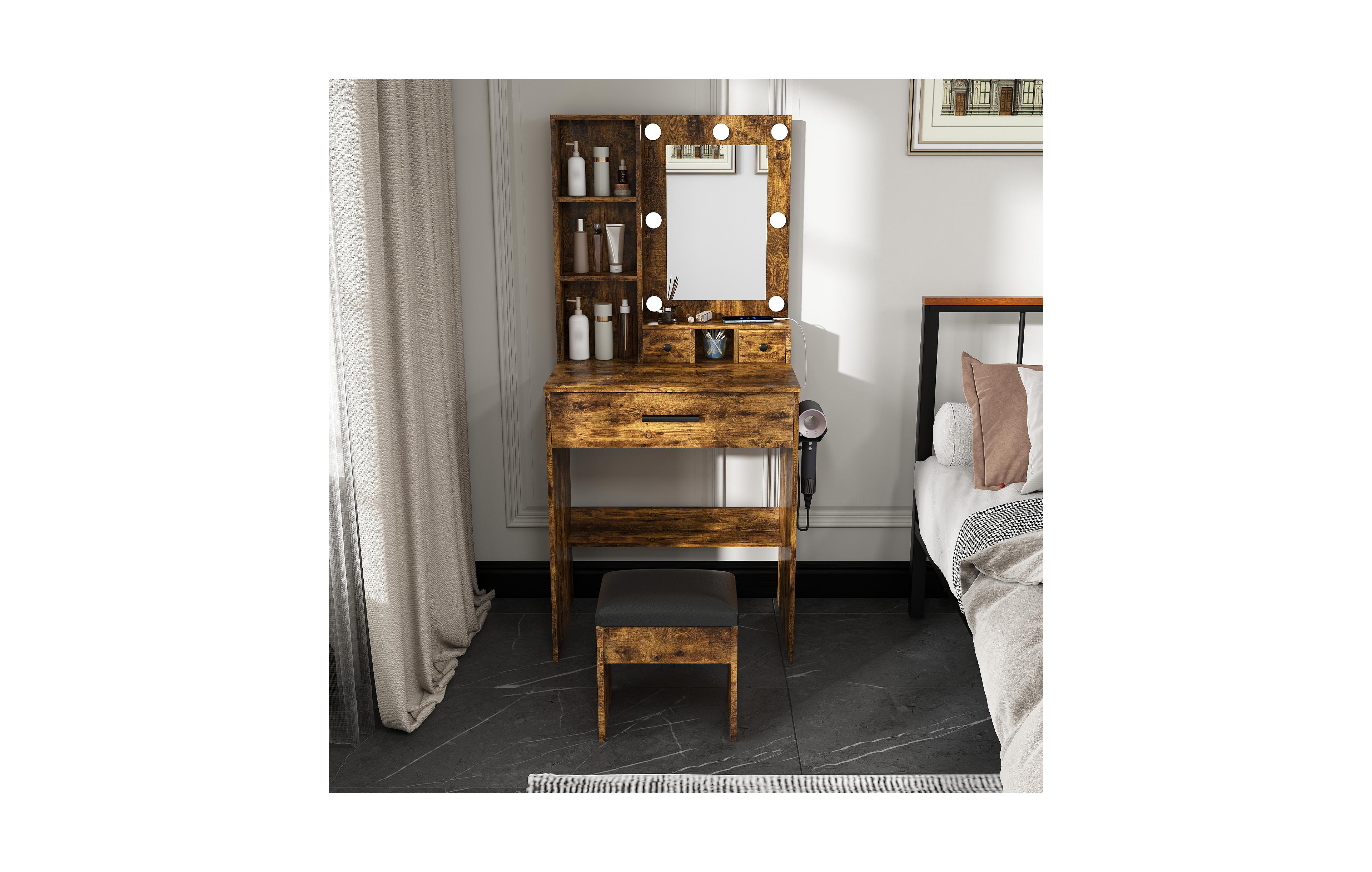 Flynama Vintage Compact Led Vanity Table Set, Power Outlet, Hairdryer Holder and Upholstered Stool