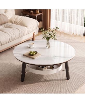 Round Sintered Stone Coffee Table with Storage Shelf and Wood Legs