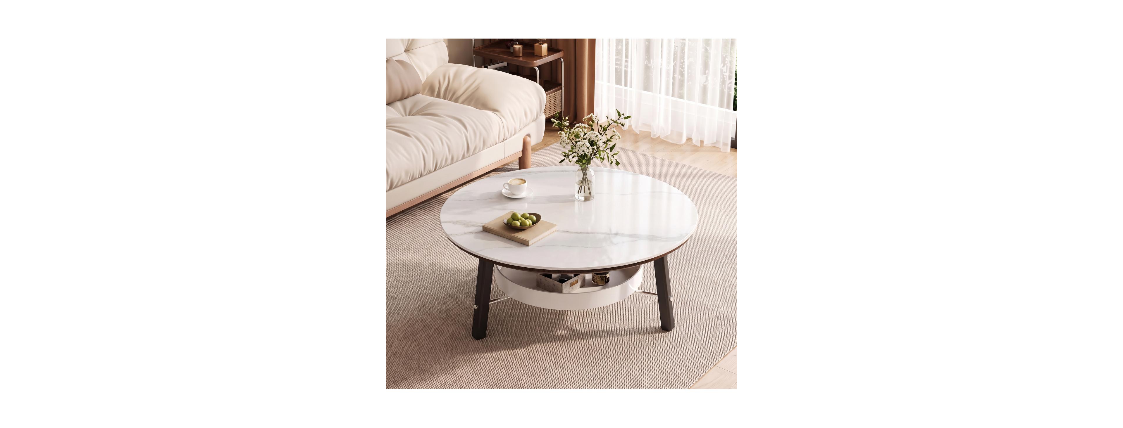 Streamdale Furniture Round Sintered Stone Coffee Table with Storage Shelf and Wood Legs