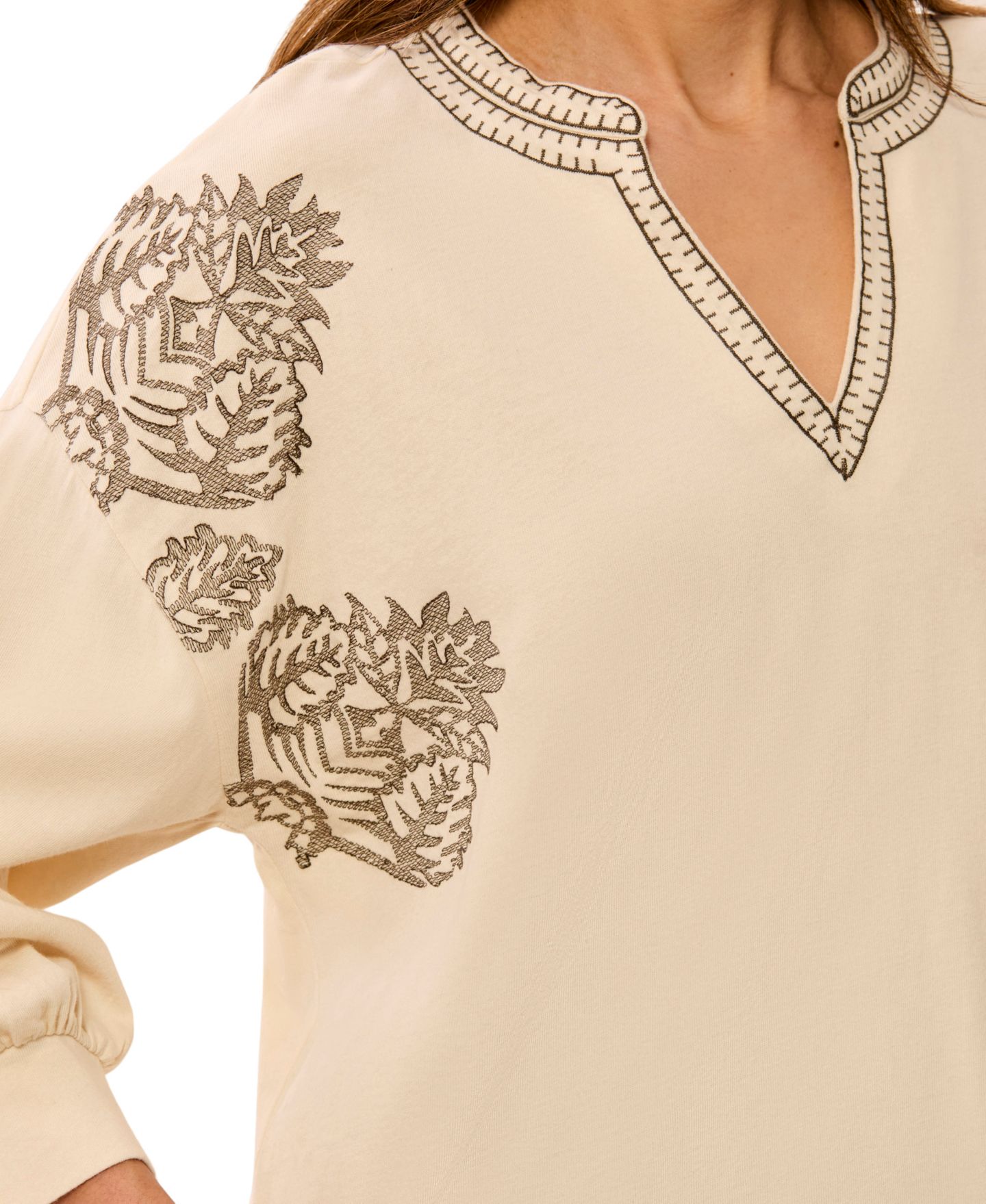 Женская блузка TRIBAL Paisley Park Floral-Embroidery 3/4-Raglan-Sleeve Notch-Neck, цвет: Moonstone — фото 3
