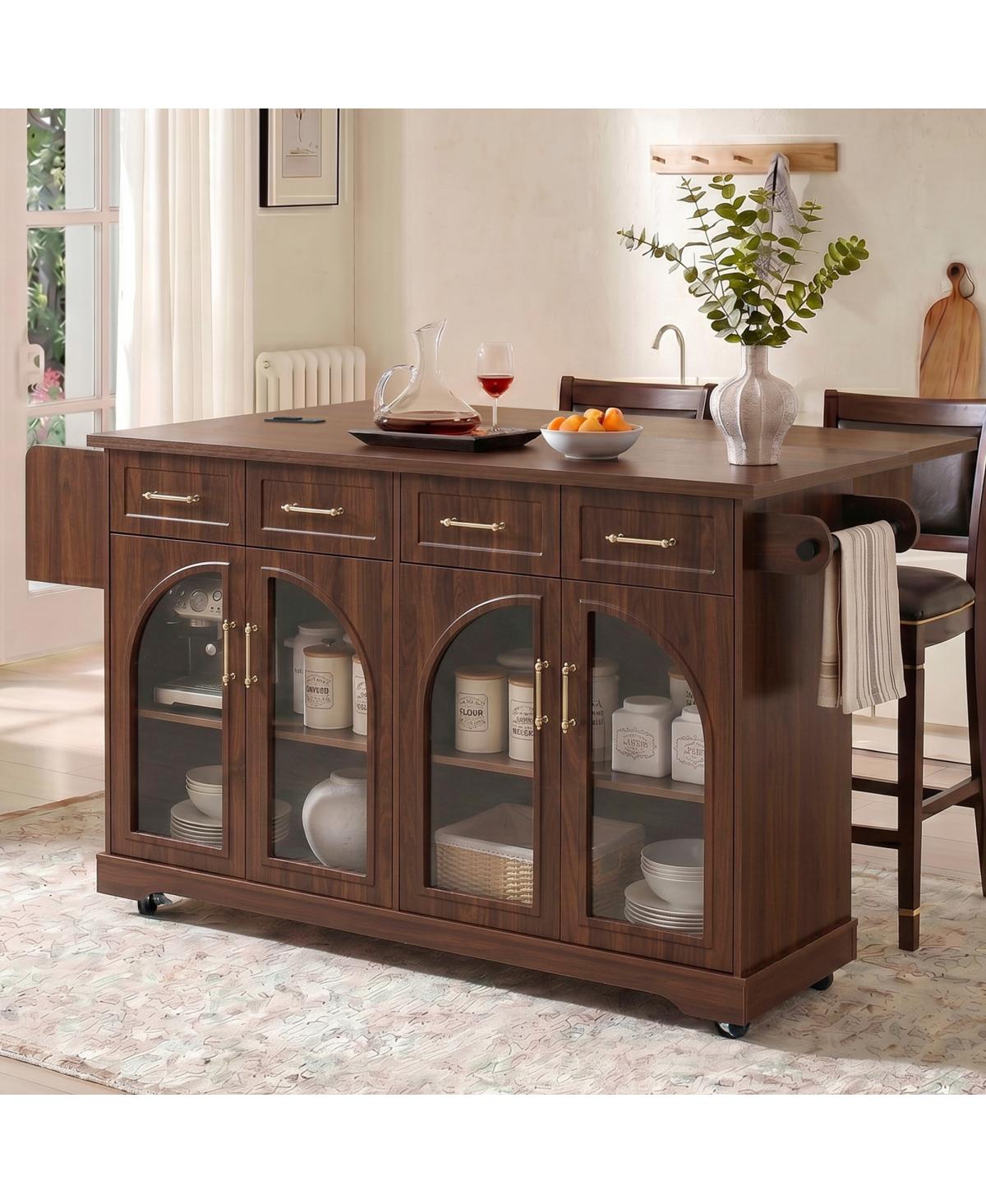 Streamdale Furniture Kitchen Island with Glass Door and Cabinet - Walnut brown