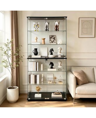 Glass Display Cabinet with 6 Shelves, Double Doors and Lock