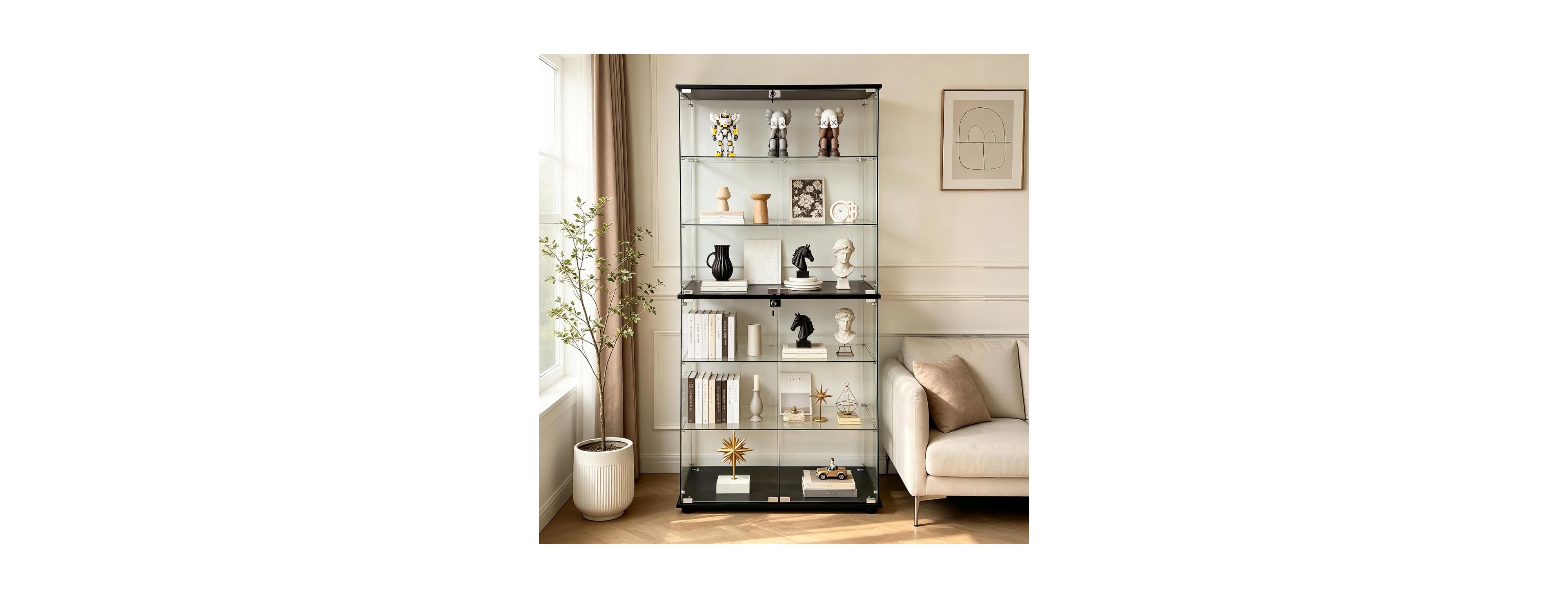 Streamdale Furniture Glass Display Cabinet with 6 Shelves, Double Doors and Lock