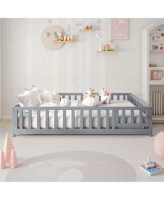 Full Size Kids Floor Platform Bed with Fence, Door and Slats