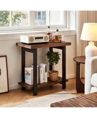 2-Tier Industrial Solid Wood End Table with Storage