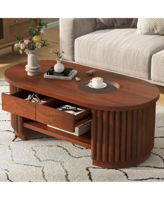 Fluted Oval Coffee Table with Drawers and Glass Top