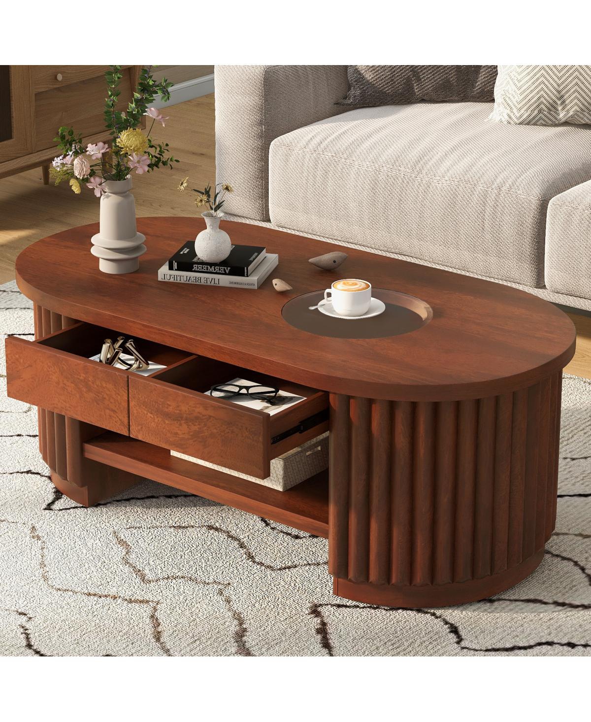 Streamdale Furniture Fluted Oval Coffee Table with Drawers and Glass Top